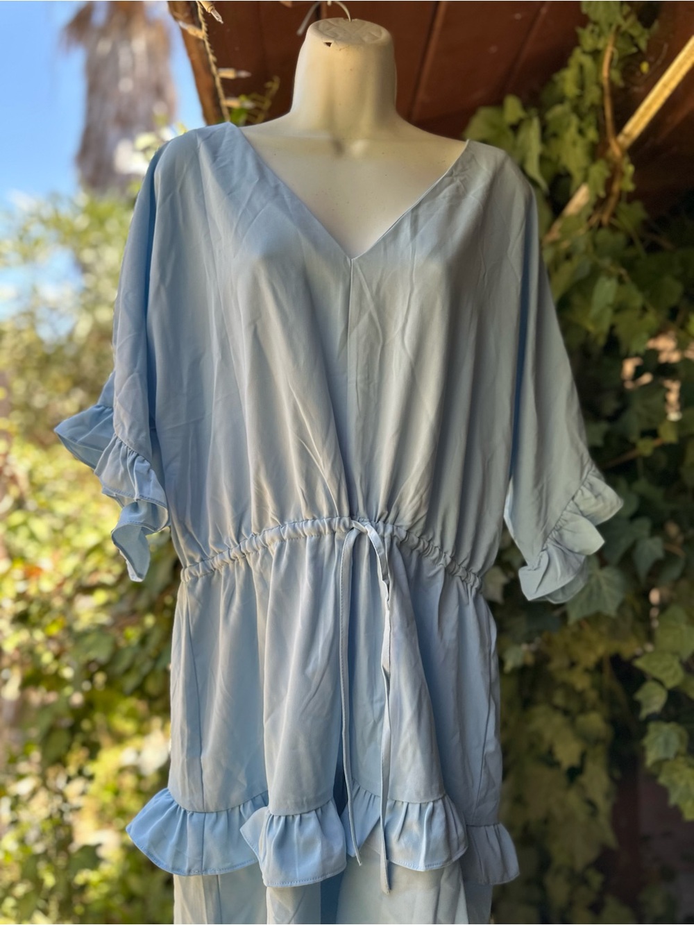 Light Blue V-Neck Ruffle Drawstring Tunic